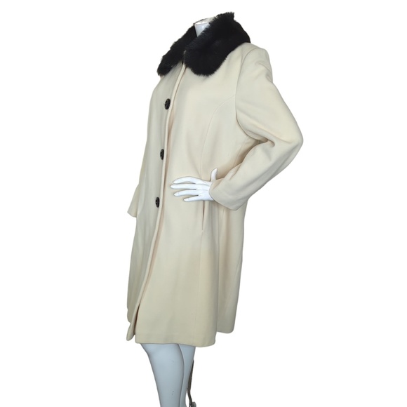 Cashmere Wool Blend Off-White Black Faux Fur Collar Long Coat - Picture 4 of 16